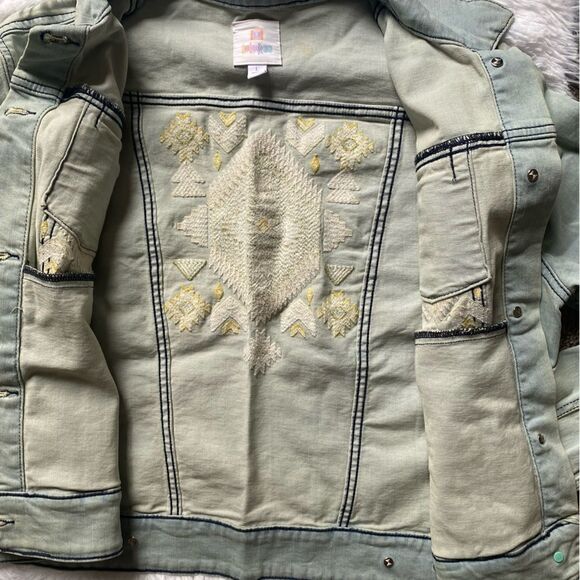 LULAROE Harvey Embroidered Jean Jacket Aztec Light Wash Denim Women’s Size Large - Picture 6 of 9